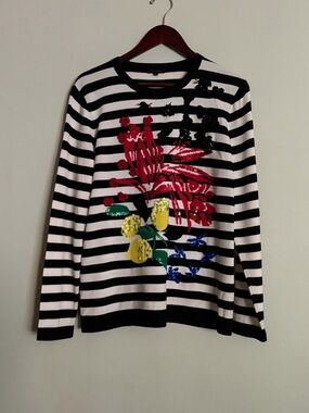 Escada | Black and White Striped Floral Embellished Sweater Sequin Applique|  L